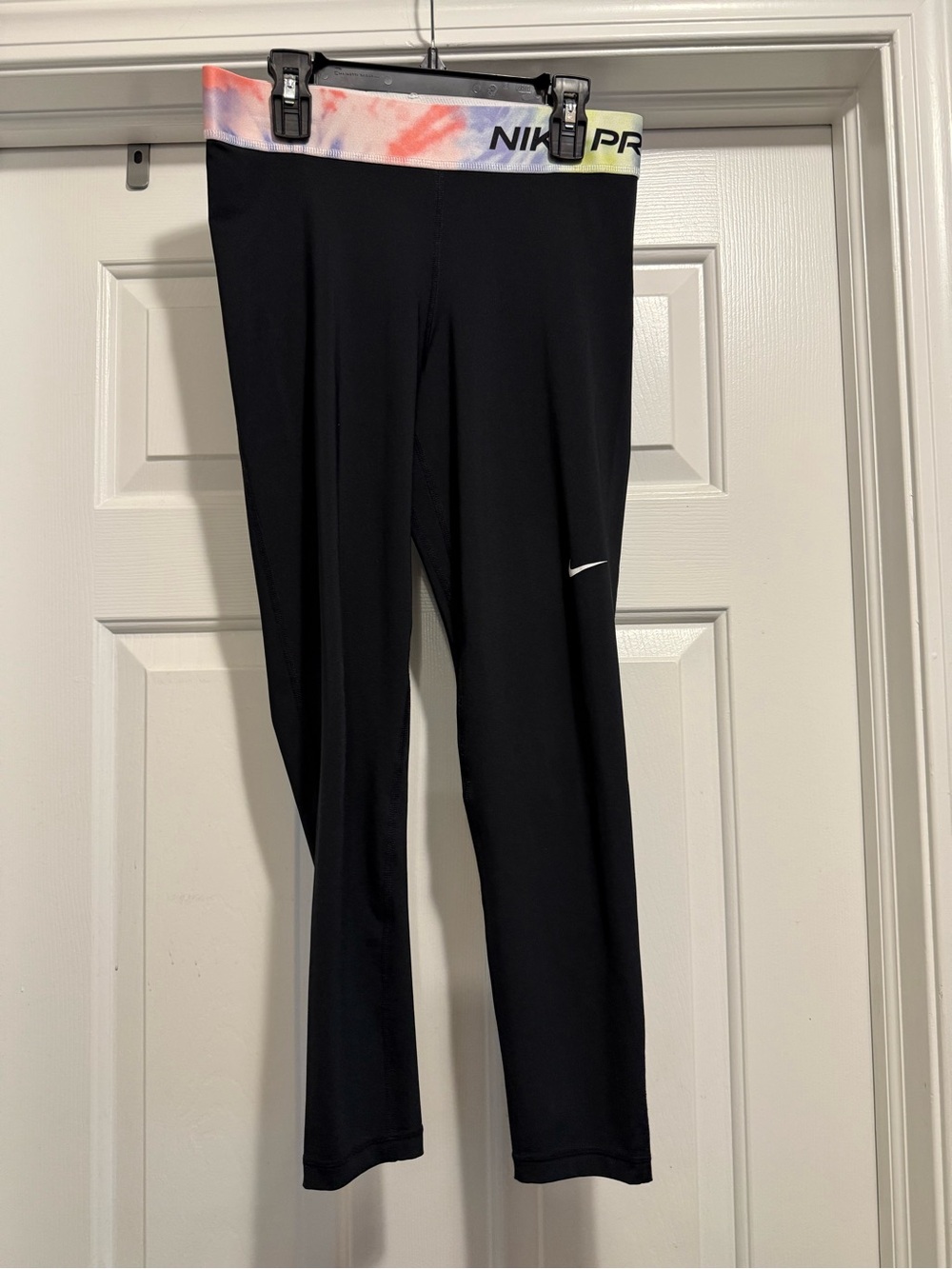 Nike Black Performance Leggings with Tie Dye Multicolor Waistband (Size: M)